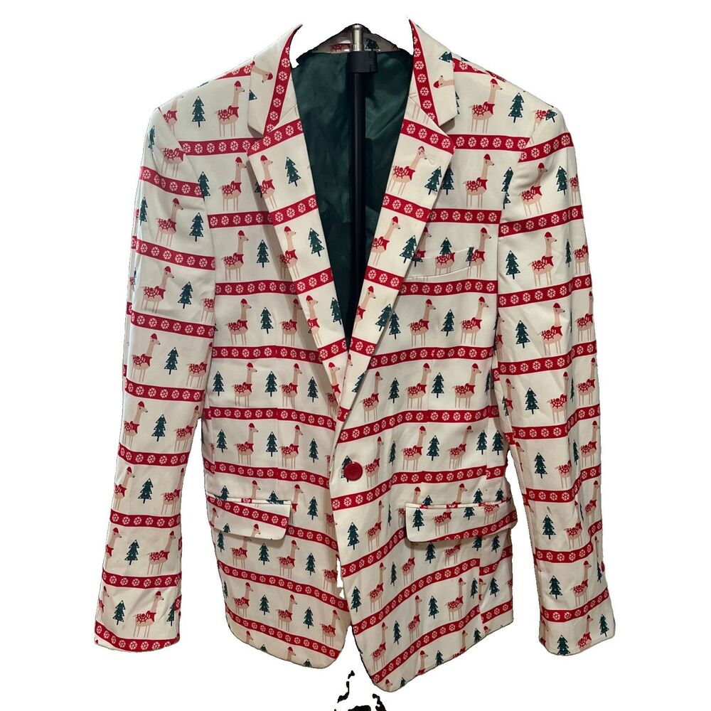 Suslo Couture White Llama Christmas Satin Blazer Coat Jacket Mens Slim Fit M 40